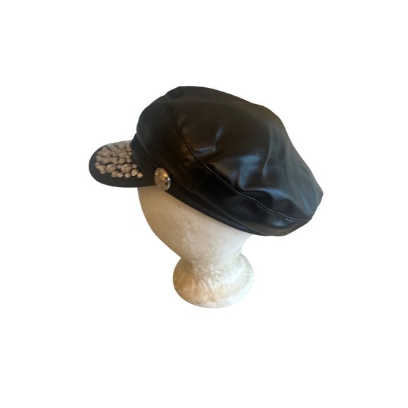 Black Faux Leather Rhinestone Embellished Baker Boy Hat Biker Moto One Size - Picture 2 of 5